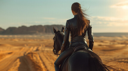 Desert Horse Trainer with Black Arabian Mare - Generative AI