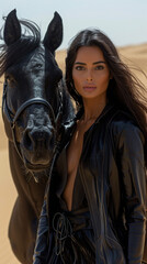Desert Horse Trainer with Black Arabian Mare - Generative AI