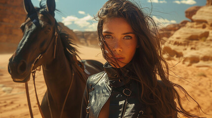 Desert Horse Trainer with Black Arabian Mare - Generative AI