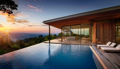 Fototapeta premium Pool at sunset in a luxury house