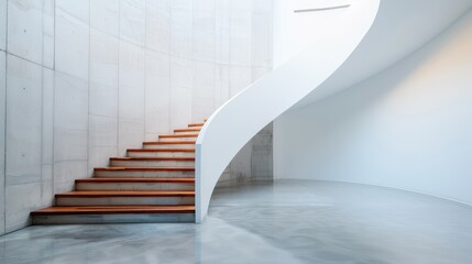 A beautifully designed spiral staircase set in a pristine, minimalistic interior, showcasing the elegance and simplicity of modern architecture and inviting a sense of calm and innovation.