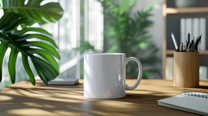 Show off your brand with a mug and notepad on a desk with office items and a Monstera leaf in the background.