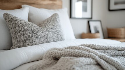 An inviting bedroom setup featuring a luxurious bed adorned with a knitted blanket and pillows, creating a cozy and comfortable atmosphere, perfect for rest and relaxation.