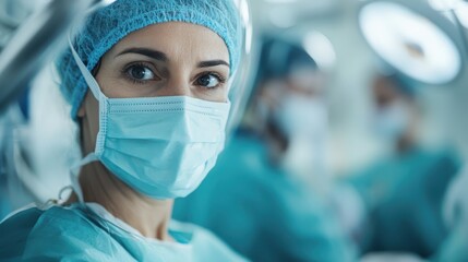A female surgeon wearing a protective mask and cap focuses intently while performing a procedure, with medical staff and equipment in a hospital's operating room.