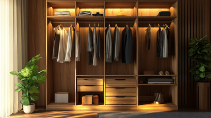 Stylish wardrobe in wood finish, with clothes hanging, rendered in 3D