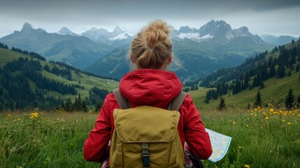 Fototapeta premium Young Woman On Mountain Road, Map In Hand, Alps' Icy Peaks Ahead