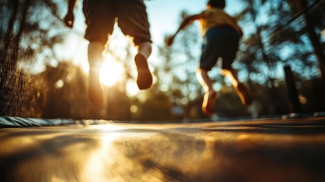 Two kids are captured mid-air while jumping on a trampoline in a backyard during sunset, creating a lively scene of playfulness, freedom, and joy.
