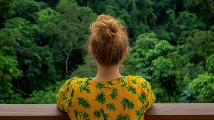Fototapeta premium Woman Gazes At Jungle From Thailand Temple, Nature’S Splendor