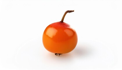 Obraz premium Cranberry Perfection: A single, vibrant cranberry, glistening with juicy freshness, sits on a pristine surface. Its rich, reddish-orange hue and delicate stem capture the essence of autumnal bounty. 