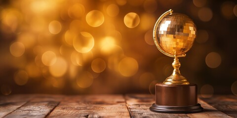 A gold-colored globe trophy stands on a wooden table with shimmering bokeh lights in the background, exuding elegance and achievement.