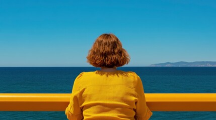 Fototapeta premium Woman On A Terrace, Sea Breeze Whispers Secrets Of The Ocean