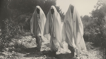 Halloween Vintage black-and-white photo of ghosts draped in white sheets, standing on dirt in a forest. Creepy and eerie, with the look of old film photography.