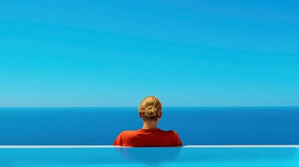 Fototapeta premium Woman On Infinity Pools Edge, Floating In Luxury