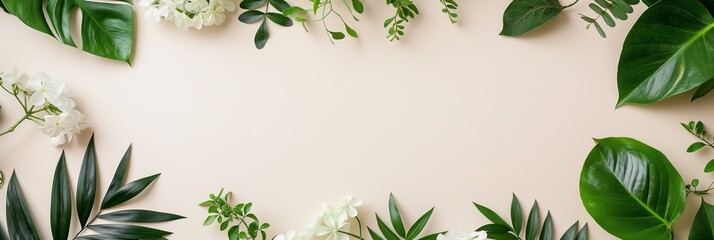 Fototapeta premium Leafy and floral border on beige backdrop, perfect for nature-themed designs, providing ample space in the center.