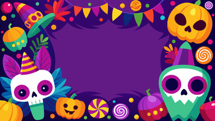 Colorful Dia de los Muertos Inspired Halloween Background with Skulls, Pumpkins, and Candy, with Copy Space