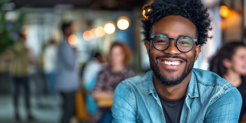 Fototapeta premium A cheerful young man with glasses smiles brightly while sitting in a lively and cozy cafe background.