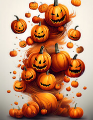 Halloween pumpkins falling freely vertically on white background