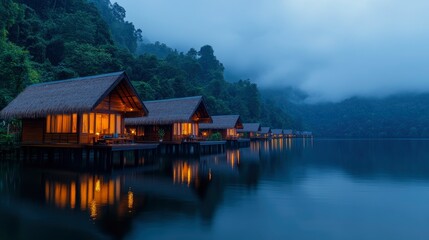 Fototapeta premium Sunrise Over Floating Bungalow In Khao Sok, Thailand, Serene Start