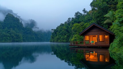Fototapeta premium Sunrise Over Floating Bungalow In Khao Sok, Thailand, Serene Start