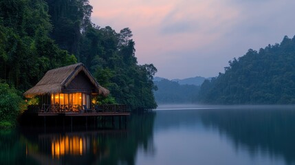 Fototapeta premium Sunrise Over Floating Bungalow In Khao Sok, Thailand, Serene Start
