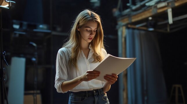 Young beautiful Caucasian blonde woman, concentrated actress female artist reading a script or scenario backstage preparing for an acting performance or audition for a talent show or play in a theater - Powered by Adobe