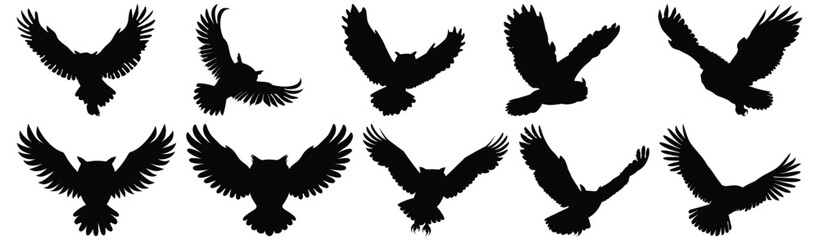 Owl silhouette set vector design big pack of flying illustration and icon