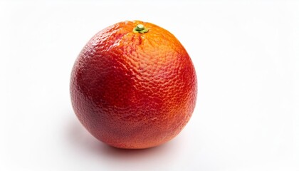 Ruby Red Delight: A single blood orange sits against a bright white background, its textured skin and vibrant color popping off the screen.