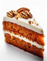 A luscious slice of carrot cake, enhanced with orange caramel, garnished with walnuts and cream cheese frosting isolated on white background, beautifully presented