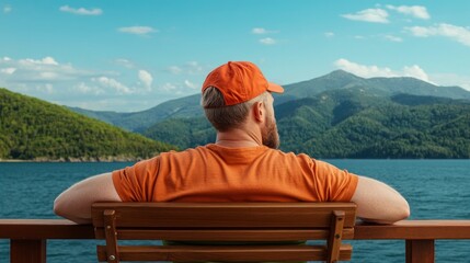Traveler On Wooden Balcony, Mountain And Sea Views, Peace Within
