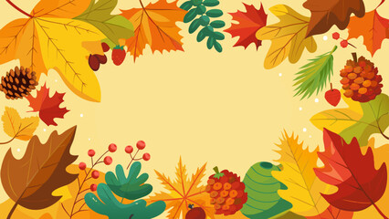 Colorful autumn leaves and berries on yellow background, festive fall illustration with copy space