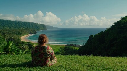 Fototapeta premium Woman At Kelingking Beach, Taking In The Breathtaking View
