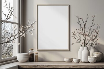 Fototapeta premium Minimalist Kitchen interior with Poster Mockup created with Generative AI