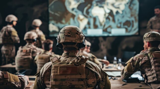 Troops gather for an important tactical briefing in a secure command center