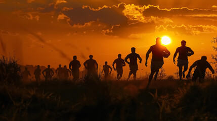 Giocatori di rugby partita di sera al tramonto (Rugby players in an evening match at sunset).