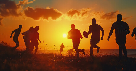 Giocatori di rugby partita di sera al tramonto (Rugby players in an evening match at sunset).