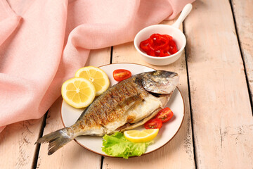 Plate with tasty grilled dorado fish on light wooden background
