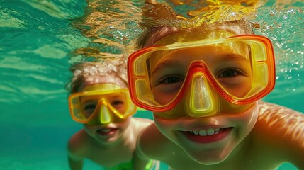 Naklejka premium Panoramic View Of Mother And Daughter Snorkeling Together, Joy Shared