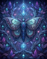 Mystical butterfly with feathers and crystals on dark background. Mystical ornamental background. Illustration for cover, tarot decks, poster, wallpaper, desktop.