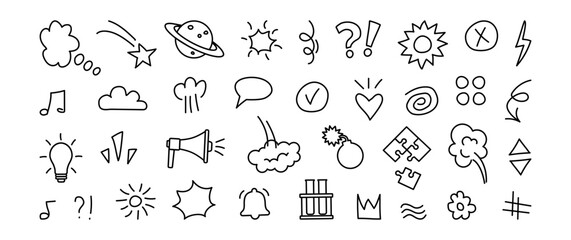 Doodle hand drawn icon, line comic school element, cute arrow scribble. Sketch clouds, stroke education sticker outline design, cartoon movement symbol set. Simple abstract vector illustration