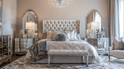 Luxurious bedroom featuring a plush tufted headboard, lavish bedding, mirrored nightstands, and a stylish chandelier