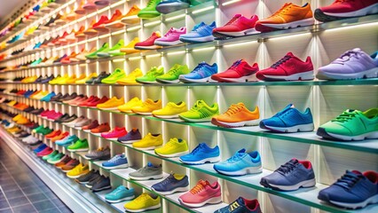 Colorful sport shoes displayed on shelves in a store , Athletic, Sneakers, Footwear, Variety, Fashion, Bright, Collection, Retail
