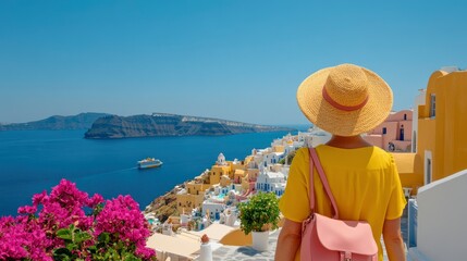 Obraz premium Follow Me, Woman Leads To Santorinis Breathtaking Views