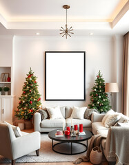 a cozy living room with large blank white frame on wall, christmas tree with light, grey sofa, pillow beige, mockup frame , decoration, christmas