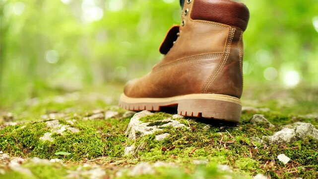 Vintage brown leather travel boot steps on a rock covered with green moss, close-up shot