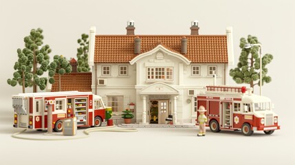 Fototapeta premium Miniature Toy Town with Fire Trucks and a House
