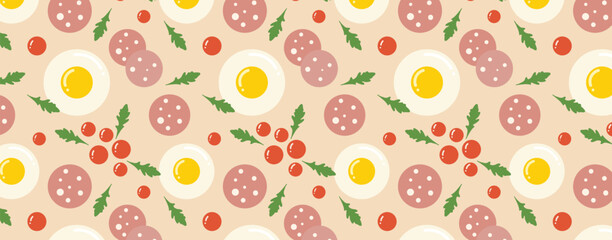 Pattern with fried eggs, cherry tomatoes, arugula and sausage. Vector seamless background with breakfast theme. For textile, fabric, wallpaper, packaging.