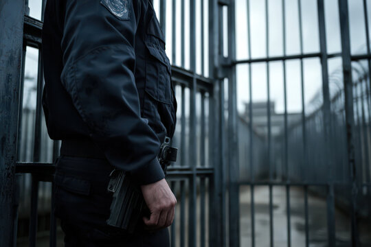 Close-up of prison guard's hand holding a weapon near iron gates