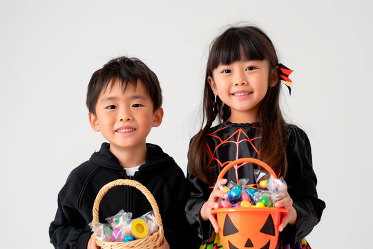 two little children in costume halloween and candiles