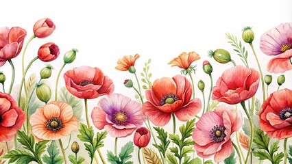 Fototapeta premium Watercolor of a vibrant poppy flower border, watercolor, poppy, flower, border,vibrant, red, botanical, nature, artistic