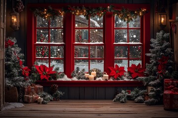 Cozy holiday window display with snow, candles, and festive decorations in a winter setting